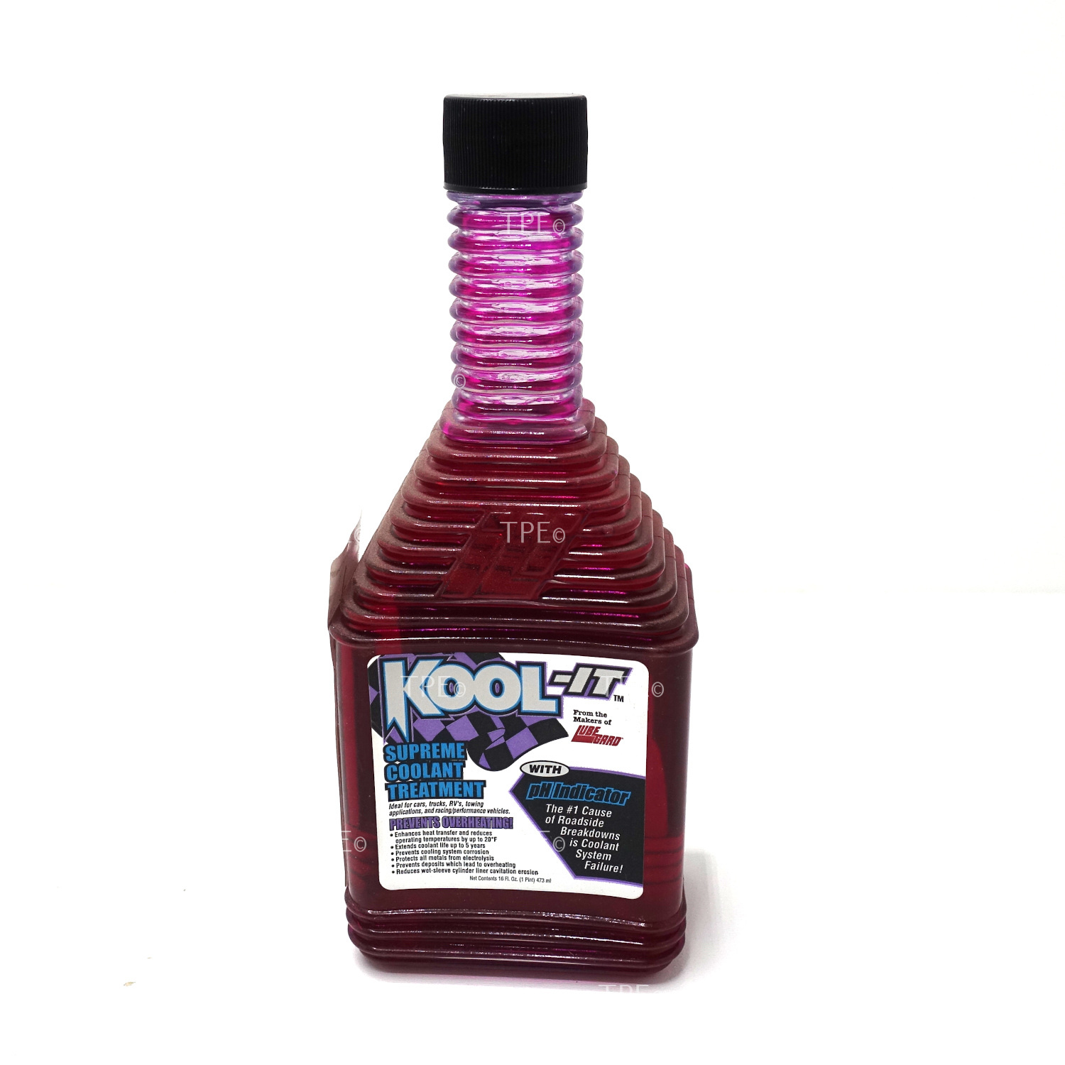 08.LU.96001 DESCRIPTION
KOOL-IT® Supreme Coolant Treatment is chemically engineered to reduce the surface tension of coolant, thus allowing it to more deeply penetrate metal surfaces at vital heat-transfer areas. This decreases operating temperatures and significantly reduces the possibility of engine overheating.

Due to its unique chemical composition, KOOL-IT is very effective in preventing damage from electrolysis, corrosion, and pitting. The overwhelming majority of failures associated with aluminum radiators found in most newer vehicles are due to corrosion. This corrosion is a result of deficient chemical protection within the coolant.

KOOL-IT is the easiest and most cost effective way to protect a radiator or heater core (and prevent warranty claims) from deterioration and damage that can lead to system failure. Compatible with all types of antifreeze, Kool-It provides the type of total cooling system protection required for today’s modern cars and trucks.

THE #1 CAUSE OF ROADSIDE FAILURE IS COOLANT SYSTEM RELATED!

• Protects all metals from chemical electrolysis
• Provides unsurpassed cooling system corrosion protection
• Enhances heat transfer and reduces operating temperatures
• Prevents deposits and contamination which lead to overheating
• Reduces water pump, impeller and intake manifold pitting
• Prevents warranty claims
• Extends coolant life up to five years
• Compatible with all types of antifreeze