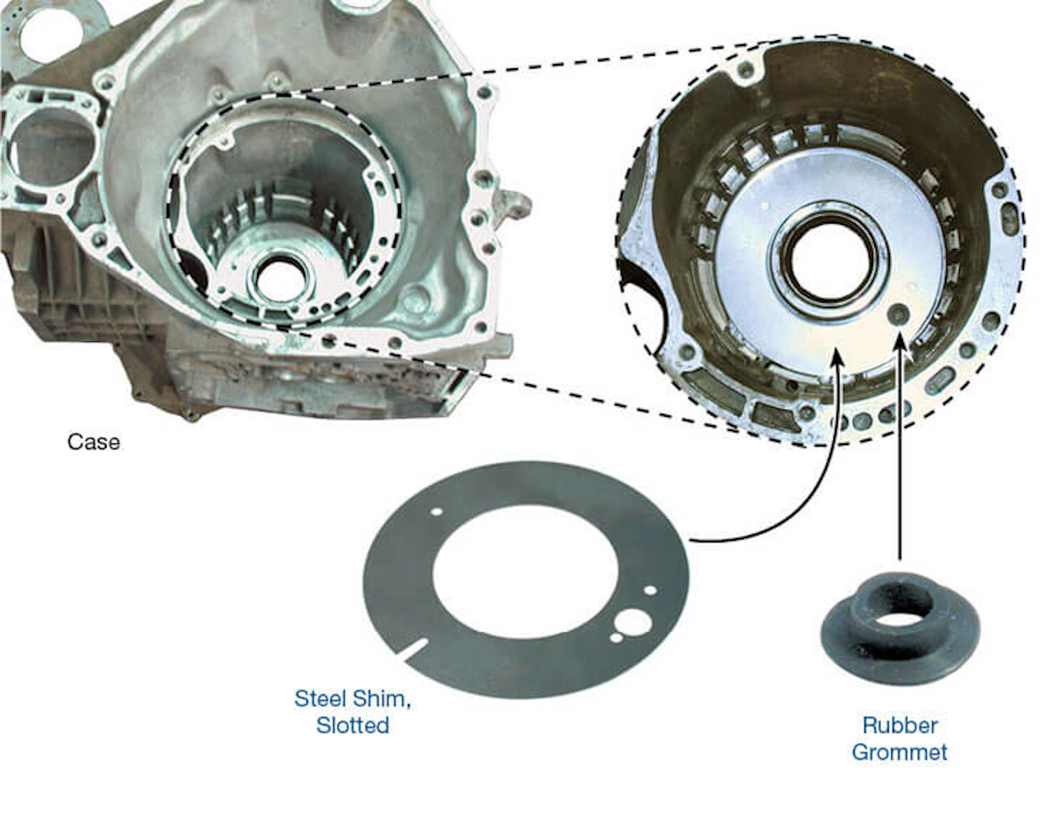 72.SON.14 Replaces early-style gaskets. Not for use late-design Chrysler Low/Reverse retainer part number 04800255AB.

In listed Chrysler units, the root cause of Low/Reverse oil feed leakage is piston retainer distortion and gasket material relaxing around the clutch feed hole. This prevents a positive seal around the oil feed hole on the piston retainer. The Sonnax steel shim will not distort. The rubber grommet provides positive sealing at the passage. A Chrysler production parts change included a redesigned piston retainer and gasket. Sonnax Low/Reverse piston retainer oil feed seal kit 92106-01K can be used to replace early-style gaskets. For six-speed applications with universal/late-style gaskets, use 92106-03K.

Easy to install, lipped grommet stays securely in place during assembly
Steel shim will not compress
Rubber grommet located in and around the feed hole forms a positive seal only where needed
Compressible material behind the retainer is eliminated